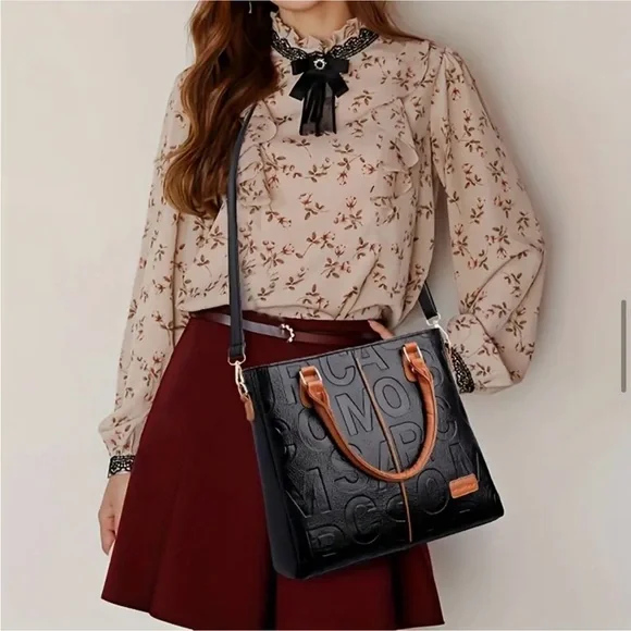 Perfect Lily Black Vegan Leather Tote with Brown Handles & Strap NIP - Picture 3 of 11